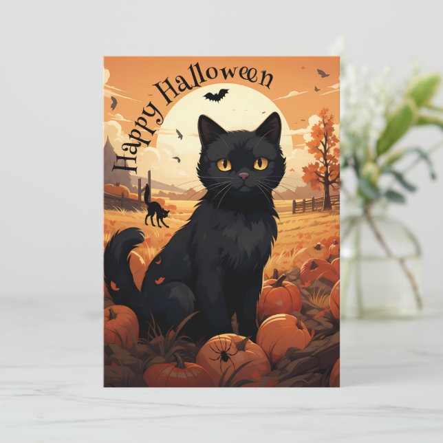 Svart katt Halloween-festlig inbjudan (Stående Fram)