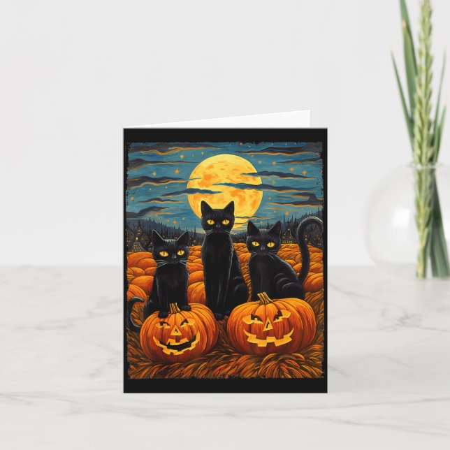 Svart Katt Halloween Kattälskare Natt Himmel Konst Kort (Framsida)