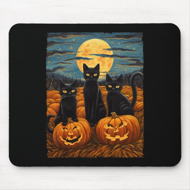 Svart Katt Halloween Kattälskare Stjärnklar Natt K Musmatta (Framsidan)