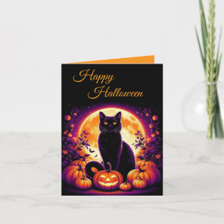 Svart katt Halloween-kort med fullmåne Helgkort