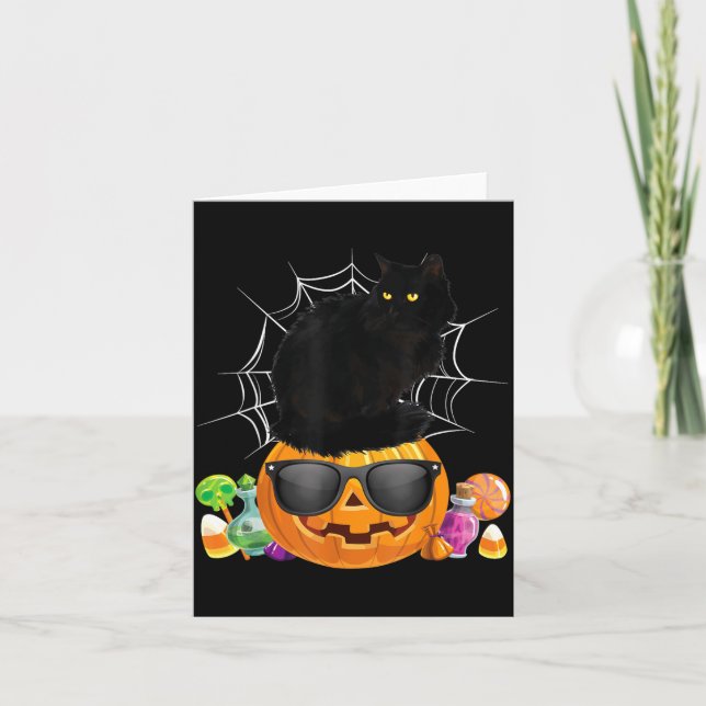 Svart Katt Halloween Pumpa Jack O Lykta Katt Kort (Framsida)