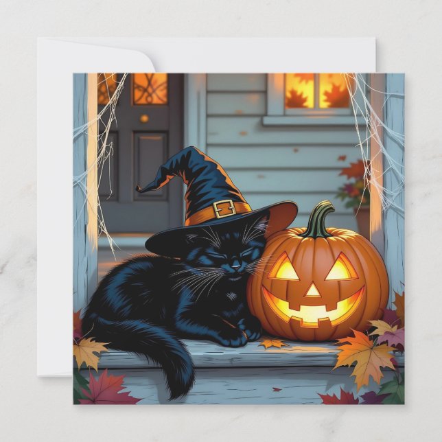 Svart katt Halloween-pumpa skärfest Inbjudningar (Framsida)