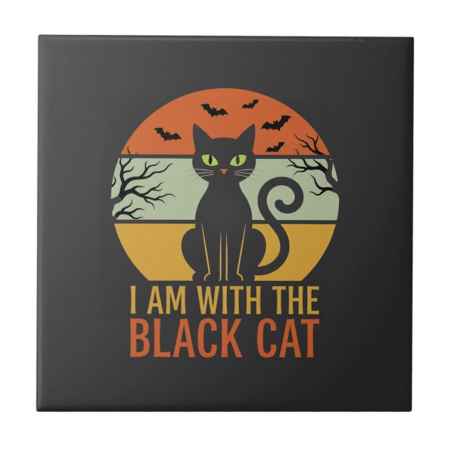 Svart Katt Halloween Retro Solnedgång Design Kakelplatta (Framsidan)