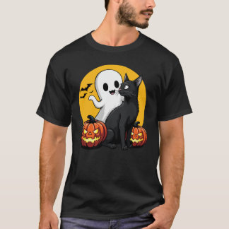 Svart katt Halloween spökande fladdermöss flygande T Shirt
