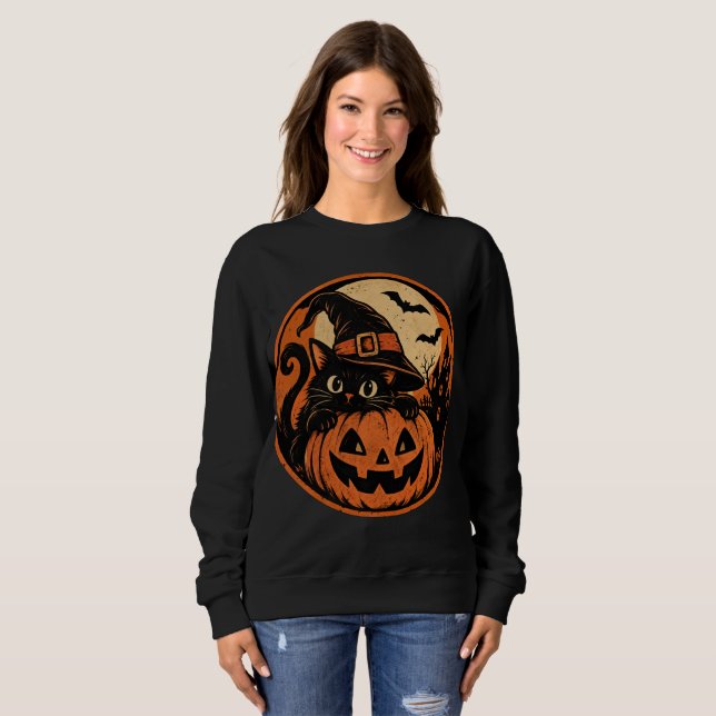 Svart katt Halloween  T Shirt (Hel framsida)