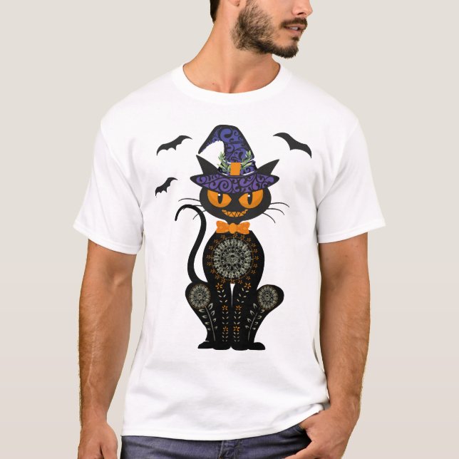 Svart Katt Halloween T Shirt (Framsida)