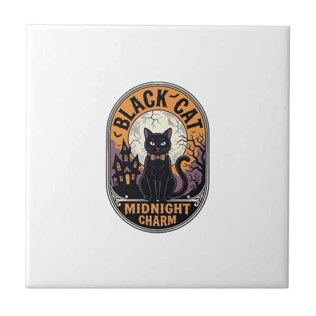 Svart katt Halloween-tröja Vintage Midnattscharm D Kakelplatta (Framsidan)