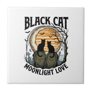 Svart katt Halloween-tröja Vintage Moon Kyrkogård Kakelplatta