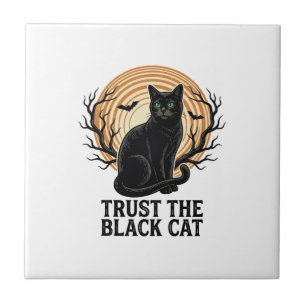 Svart katt Halloween-tröja Vintage spöklik måne ka Kakelplatta