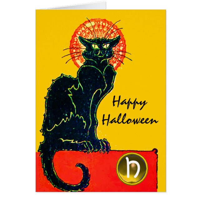 SVART KATT HALLOWEENFEST MONOGRAM HÄLSNINGSKORT (Framsidan)