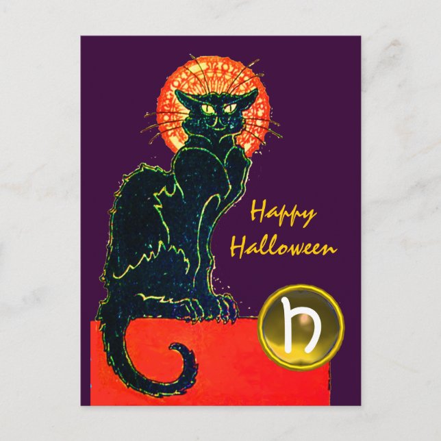 SVART KATT HALLOWEENFEST MONOGRAM INBJUDAN VYKORT (Framsida)