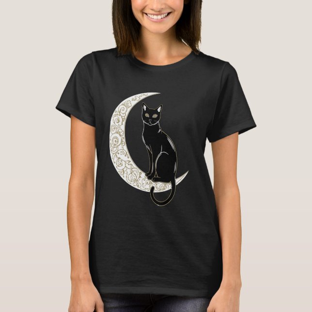 Svart Katt Halvmåne Magisk Estetik T Shirt (Framsida)