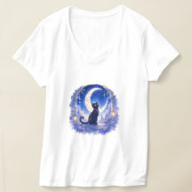 Svart Katt Halvmåne T-Shirt