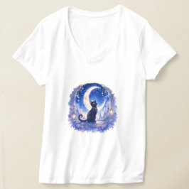 Svart Katt Halvmåne T-Shirt