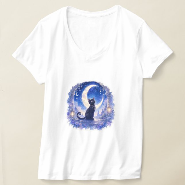 Svart Katt Halvmåne T-Shirt (Laydown)