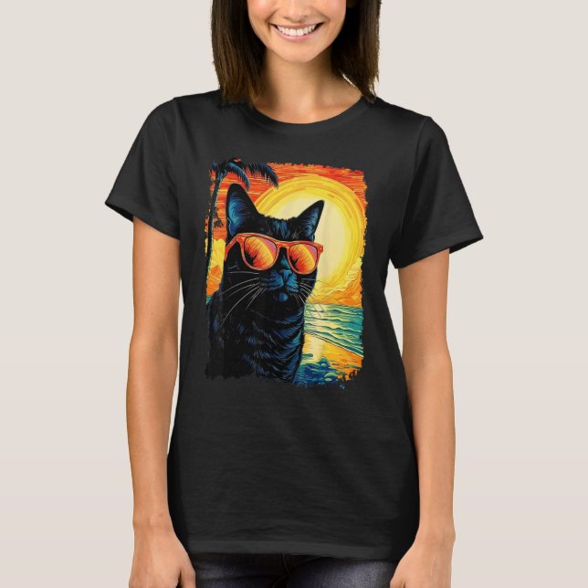 Svart Katt Hawaiian T Shirt (Framsida)