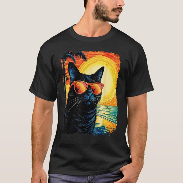 Svart Katt Hawaiian T Shirt (Framsida)