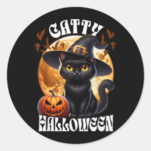 Svart Katt Häxa Catty Halloween Svart Katt Runt Klistermärke
