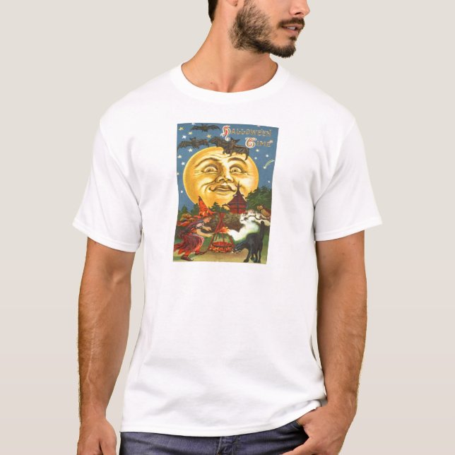 Svart Katt Häxa Fladdermus Fullmåne T Shirt (Framsida)