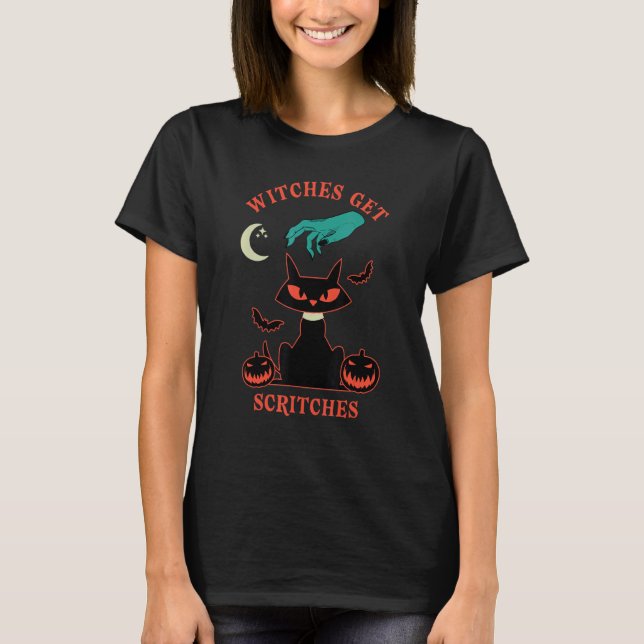 Svart Katt Häxa Halloween Meme T Shirt (Framsida)