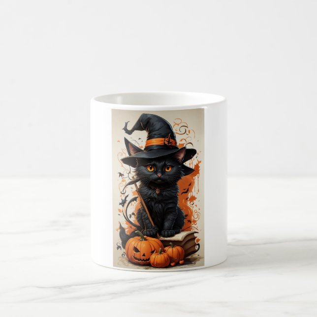 Svart Katt Häxa Halloween Mugg 🎃 Söt Pumpa Katt (Center)