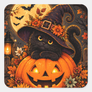 Svart Katt Häxa Halloween Pumpa Höst Söt Fyrkantigt Klistermärke