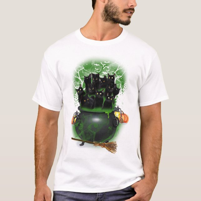 Svart Katt Häxa Halloween T-shirt (Framsida)
