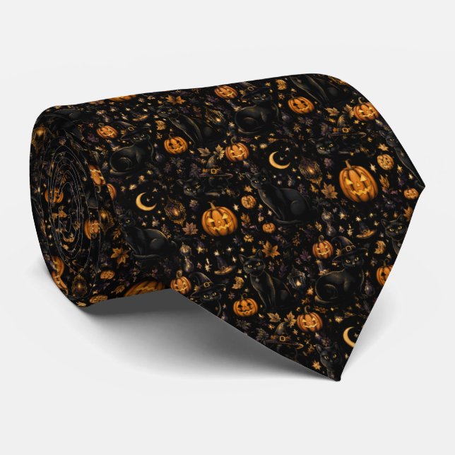 Svart Katt Häxa Hatt Halloween Pumpa Slips (Rullad)