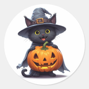 Svart Katt Häxa Hatt Pumpa Halloween Dekoration 🎃 Runt Klistermärke