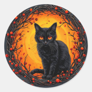 Svart Katt Häxa Hatt Pumpa Halloween Söt Runt Klistermärke
