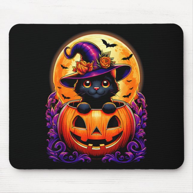 Svart Katt Häxa Hatt Pumpa Rolig Halloween Män Musmatta (Framsidan)