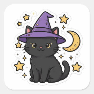 Svart Katt Häxa Hatt Söt Halloween-dekal Fyrkantigt Klistermärke