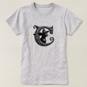 Svart Katt Häxa Häxig Bokstav C Anpassad Initial T Shirt