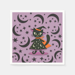 Svart Katt Häxa Lila Måne Stjärnor Halloweenfest Pappersservett