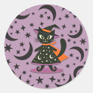 Svart Katt Häxa Lila Måne Stjärnor Halloweenfest  Runt Klistermärke
