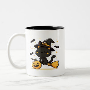 Svart katt häxa på kvast & pumpa Halloween Två-Tonad Mugg