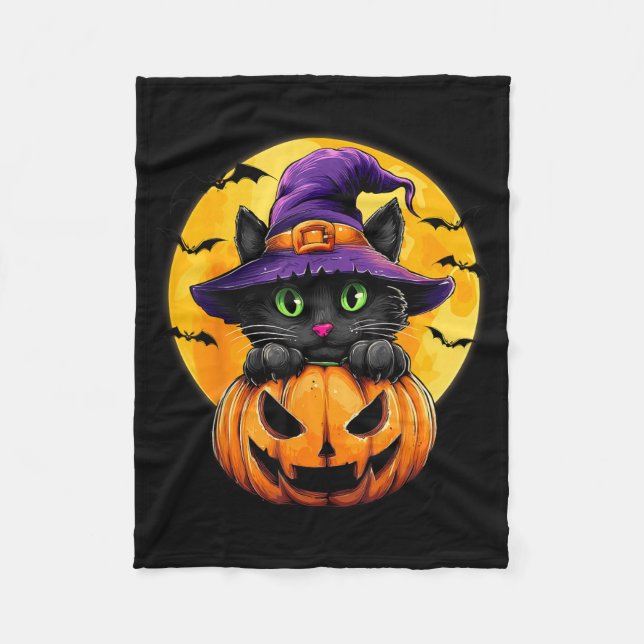 Svart Katt Häxa Pumpa Fladdermöss Halloween Höst A Fleecefilt (Framsidan)