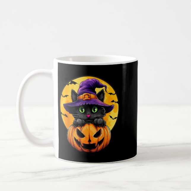Svart Katt Häxa Pumpa Fladdermöss Halloween Höst A Kaffemugg (Vänster)
