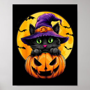 Svart Katt Häxa Pumpa Fladdermöss Halloween Höst A Poster