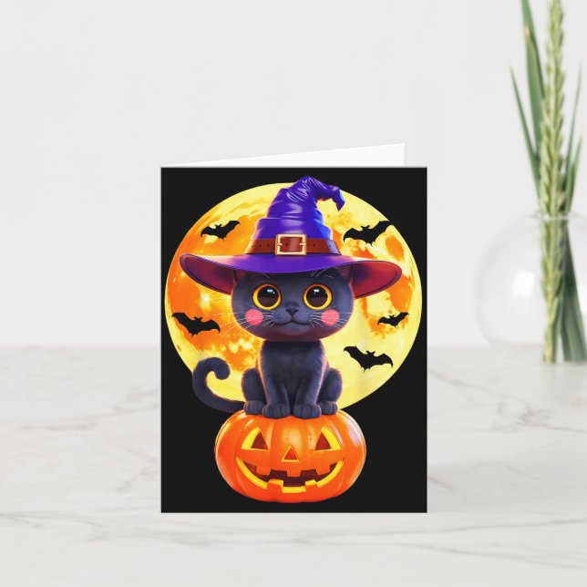 Svart Katt Häxa Pumpa Halloween Kostym Höst Kort (Framsida)