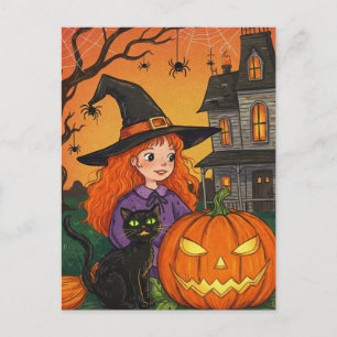 Svart Katt Häxa Spindlar Pumpa Halloween Postkort Vykort