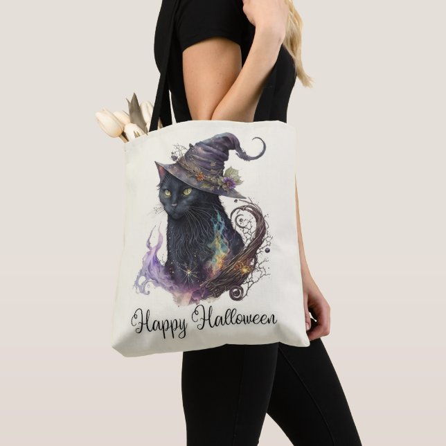 Svart Katt Häxhatt Gul God Halloween Tygkasse (Närbild)