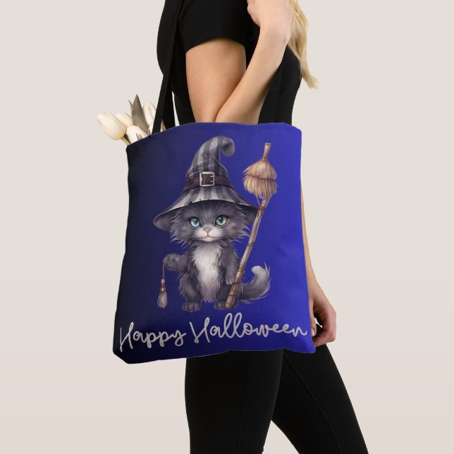 Svart katt häxhatt kvast blå Gott Halloween Tygkasse (Närbild)