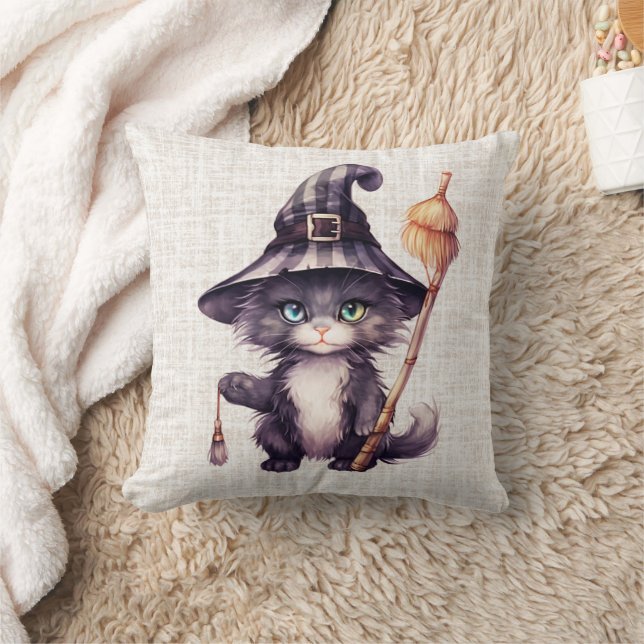 Svart Katt Häxhatt Linne Halloween Kudde (Filt)