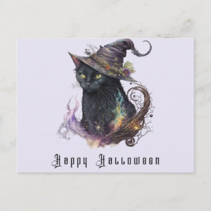 Svart Katt Häxhatt Ljus Lila Glad Halloween Helg Vykort