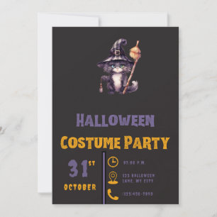 Svart Katt Häxhatt Sopkvast Modern Svart Halloween Inbjudningar