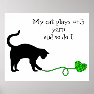 Svart katt & hjärtformade garn (limefruktgrönt) poster