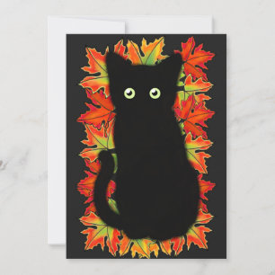 Svart katt, Höst löv mönster, Halloween roligt Inbjudningar