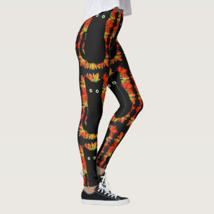 Svart katt, Höst löv mönster, Halloween roligt Leggings