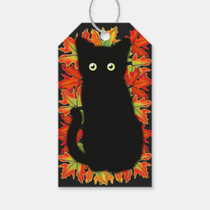 Svart katt, Höst löv mönster, Halloween roligt Presentetikett